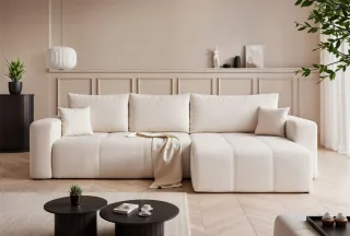 Ecksofa Schlafsofa Sofa LEROS XL in Stoff Manila Creme Ottomane Rechts