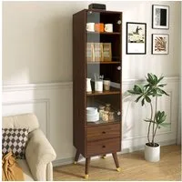 Flieks Glasvitrine Hochschrank mit verstellbaren Einlegeböden und 2 Schubladen (39,8x35x160 cm, 1-St., Eckschrank mit Glastüren und 4 Fächern) Mehrzweckschrank Badkommode Bücherregal Landhausstil Walnussfarbe