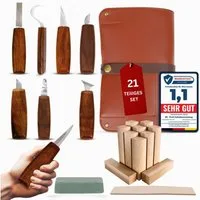 Eli Beitelsatz Schnitzwerkzeug Set - Holzwerkzeug - Schnitzset - Holzbearbeitung, (Profi - Set, 21-tlg., Perfekt für Handwerker - Holzliebhaber), rostfreier Stahl - hochwertige Walnussholzgriffe - Beidhändig