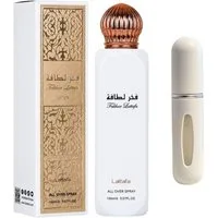 Lattafa Duft-Set Fakhar Femme All Over Spray Body Spray + Parfümzerstäuber (leer)