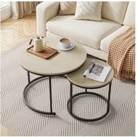 BBWL Couchtisch Set rund 2er Eichenfurnier Metallgestell verschachtelbar, moderner Wohnzimmertisch platzsparend Beistelltisch