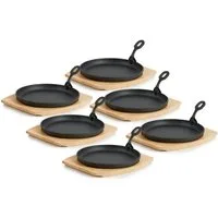 BBQ-Toro Servierpfanne 6er Gusseisen Servierpfännchen-Set, Ø 22 cm, rund, mit Holzbrett, Gusseisen