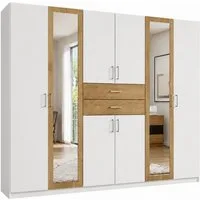luma-home Drehtürenschrank 22595 (Kleiderschrank mit 2 Spiegeln und 2 Schubkästen) B270/H208/T58 cm, in Weiß mit Absetzungen in Eiche Dekor