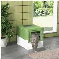 PawHut Katzentoilette mit Deckel inkl. Schaufel, ausziehbares Tablett, Katzenhaus, Kunststoff, Weiß+Grün 47,5 x 35,5 x 36,7 cm