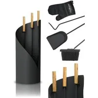 holz4home® Kamingarnitur Kaminbesteck 5-tlg. Grauschwarz mit Holzgriff inkl. Ofenhandschuh, Komplettset