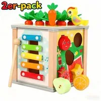 POPOLIC Motorikwürfel 6-in-1 Activity-Spielzeug für Babys ab 12 Monaten – Motorikwürfel, (mit Uhr, Xylophon, Magnetspiel, Zahnrädern & Zubehör aus Holz, 2-tlg), Lernspielzeug zur Frühförderung und Aufbewahrungsbox