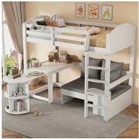 Flieks Hochbett Kinderbett 90x200cm mit ausziehbarem Tisch, Sofa mit Stauraum & Kissen