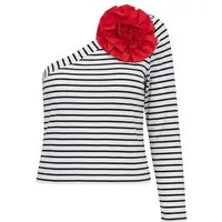 Ulla Popken T-Shirt OneShoulder-Shirt Slim Fit Ringel Blumen-Brosche