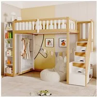 Merax Hochbett 90x200cm mit großem Kleiderschrank (1-St., Etagenbett Jugendbett Einzelbett) Kiefer Kinderbett mit Regalen, Aufbewahrungsschränken & Stauraumtreppe
