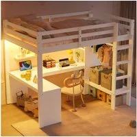 Flieks Hochbett Kinderbett Holzbett 140x200cm mit LED & USB, Schreibtisch, Stauraum