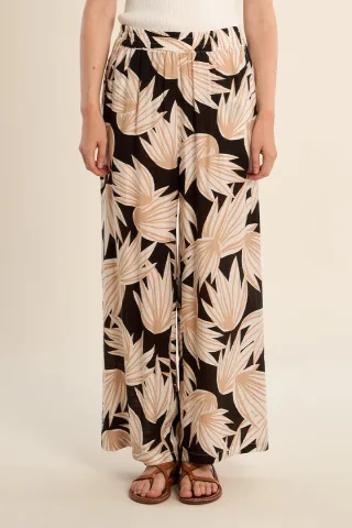 molly bracken - Marlenehose mit weitem Bein und floralem Allover-Print beige/schwarz - Gr. - M