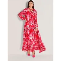 MADELEINE Maxikleid Stretchkleid mit Blumenmuster Maxikleid mit V-Ausschnitt, Bindeband und Langarm