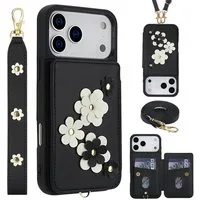 Wigento Handyhülle Für Apple iPhone 17 Pro Crossbody Kunstleder Blumen Hülle Schwarz, Mit Kartenfächern, Gurt, Kickstand-Funktion