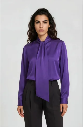 Milano Italy - slightly flared blouse with bow tie & stand up collar 1/1 sleeve purple - Gr. - 40