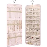 TUWENA Schmuckständer Hängender Schmuckorganizer, Schmuckaufbewahrung Doppelseitige, Mit 32 Taschen und 3 Metallhaken Ketten für Ohrringe Halsketten Ringe