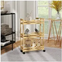 HOMCOM Servierwagen Küchenwagen mit 3 Ebenen, Rollen, Griff aus Bambus Rollwagen, (Aufbewahrungswagen, 1 St., Küchenwagen), für Büro, Wohnzimmer, Küche, 55 x 20 x 75 cm, Naturholz