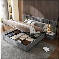 Flieks Polsterbett, Stauraumbett Leselicht & USB-Anschluss 160x200cm Samt ohne Nachttisch