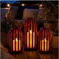 Online-Fuchs LED Laterne 3er Set Laternen aus Metall mit LED-Kerzen & Timer - Outdoor geeignet, mit realistischer Flamme und Wachsspiegel, warmweiße Beleuchtung, 6-Stunden Timerfunktion - für den Innen- und Außenbereich
