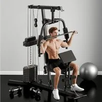 HOMCOM Kraftstation Fitnessstation mit Latzug- und Butterflystange, 9 Gewichtsblöcke (Multistation, 1-tlg., Krafttraining), Schwarz 180cm x 108cm x 200cm