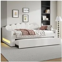 Merax Daybett mit LED- Beleuchtung & blütenförmigem Kopfteil (Kinderbett Polsterbett Jugendbett, 1 tlg), Schlafsofa Tagesbett 140x200cm mit Ausziehbett 90x190cm, Samt