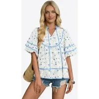 Imily Bela Kurzarmbluse Damen Babydoll Tops mit Blumenmuster (Packung, 1-tlg., 1per-Pack) mit V-Ausschnitt