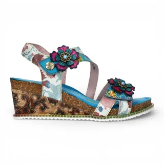 Laura Vita Damen-Espadrilles „Bonito 32“ aus türkisblauem Leder mit Blumenmuster und Keilabsatz