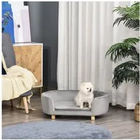 PawHut Tierbett Hundesofa, Hundebett mit Rückenlehne, Holzbeine, Kissen, Holländischer Samt, Hellgrau 86 x 55 x 33 cm