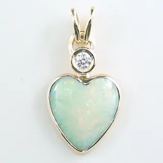 750er Gelbgold Herzanhänger mit GEM Class White Opal aus Coober Pedy Australien und natürlichem Diamant – 2,58 ct Multicolor Farbenspiel