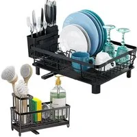 SURFOU Geschirrständer Abtropfgestell Geschirrabtropfgestell Spülbecken Organizer Set, Zubehör für für die Küchentheke, Geschirrabtropfgestell mit Utensilienhalter & Messerschlitzen und 360°abnehmbarem Auslauf, für Besteck, Messer, Löffel, Gabeln, Te