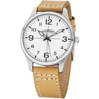 Thunderbirds Quarzuhr Fliegeruhr TB5000-01 – 40 mm Edelstahlgehäuse, weißes Zifferblatt, beiges Lederband, sportliche Herrenuhr