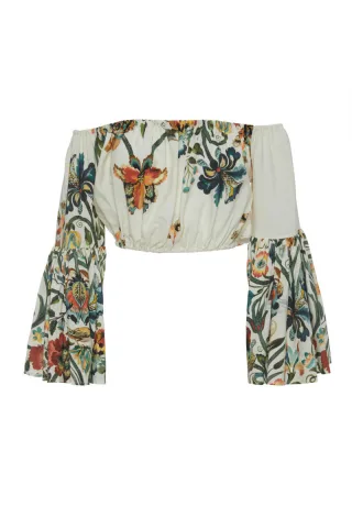bsb - Off-Shoulder Crop-Bluse mit floralem Allover-Print beige/grün - Gr. - S