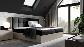 Boxspringbett Bett THANOS 140x200cm Nordic Teak Stoff Schwarz inkl. Bettkasten