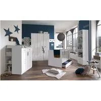 Lomadox Babyzimmer-Komplettset BEELEN-43, (4-tlg., 1 Schrank, 1 Kommode, 1 Unterbauregal, 1 Bett, 1 Schubkasten, 1 Regal), weiß, Schrank, Gitterbett, Wickeltisch mit Regal, Dekoregal
