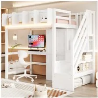Flieks Hochbett Kinderbett 90x200cm mit Schreibtisch Kleiderschrank Stauraumtreppe
