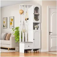 Merax Garderoben-Set Scandi weißer Flurschrank aus Holz & Glas, (Kompaktgarderobe 85x33,5x200cm, 1-St., platzsparend & multifunktional), Flurgarderoben Set mit 2 Schränken, Schuhbank, Schublade und Haken