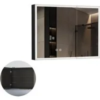 WDWRITTI Spiegelschrank Aluminum Badezimmerspiegelschrank 80cm breit mit LED Beleuchtung (Badschrank Schwarz matt 2-türig, 80x13,5x60cm) Doppelseitiger HD-Spiegel, Kaltweiß, Neutral, Warmweiß