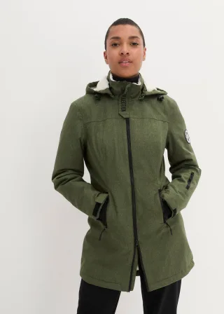 bonprix wasserdichte Funktions-Outdoor-Longjacke mit Teddyfleece, grün, Gr.42, Winddichte Regenjacke mit abnehmbarer Kapuze, Teddyfleece im Kragen und in der Kapuze, aus Fleece