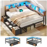 MSMASK Daybett Schlafsofa mit LED-Beleuchtung & Ladestation, Jugendbett Kinderbett, mit Integriertem Bücherregal & 6 Schubladen, 140x200cm