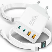 GreenHec Ladegerät USB-C iPhone mehrfach Charger Handy Stecker Adapter Netzteil Schnelllade-Gerät (0,00 mA, set, 55w Quatro Charger, iPhone 17 16 15 14 13 12 iPad, Schnell, 55w Multiport, Kabel, 2er Pack)