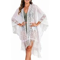 Mutig Strandkleid Spitzen-Kimono Strandponcho für Damen eleganter Badeanzug CoverUp (Boho Kimono Poncho, lockere Strandtunika mit Quasten-Cardigan., Strickjacke als Bikini Beachwear Cardigan – ideale Resortbekleidung) für Urlaub, Pool, Strand und Par