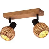 meineWunschleuchte Deckenstrahler Rattan-Lampe mit Holz, Breite 30cm, ohne Leuchtmittel, Innen Deckenleuchte, Korblampe skandinavisch mit 2 Strahler, Holzlampe