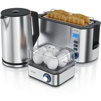 Arendo Frühstücks-Set (3-tlg), Wasserkocher 1,5l, 4-Scheiben Toaster, 8er Eierkocher, Silber