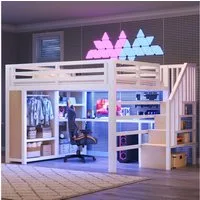 STILVORA Hochbett 160×200 mit LED Funktionbett Metallbett, ohne Matratze (Einzelbett, Schreibtisch, Stauraumtreppe, Kleiderschrank, App-gesteuerte LED, Ladestation, Regal, Schutzgitter)