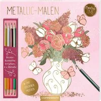COPPENRATH DIE SPIEGELBURG Kreativset Metallic-Malblock Garden Glory mit 24 Gartenmotiven & 4 Doppelstiften