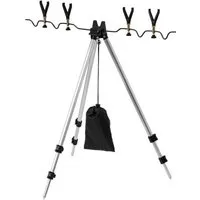 Rocktrail Rutenhalter Rocktrail Teleskoprutenhalter für bis zu 4 Angelruten, (Angelruten-Stativ, 7-teiliges Set mit Tragetasche, Höhenverstellbar, zusammenklappbar, Tarierbeutel, 4 Rutenauflagen)