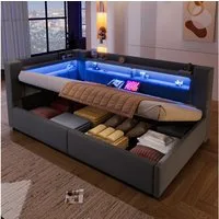 Flieks Polsterbett, Hydraulisches Daybett 90x200cm mit Ladefunktion und LED-Beleuchtung