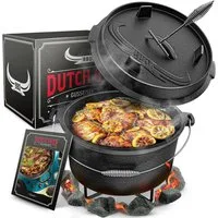 Taste of Fire Feuertopf BBQ Dutch Oven Feuertopf - Gusseisen Set 7L für Grill & Lagerfeuer, Gusseisen, Voreingebrannt inklusive Topfständer, Deckelheber und E-Book