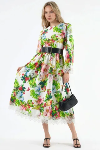 Blumenmuster Gürtel-A-Linien-Midi-Kleid
