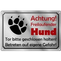 Femer GmbH Metallschild Achtung 30x20cm freilaufender Hund graues Schild, (1 St), gewölbte Oberfläche, abgerundete Ecken, umgeschlagene Kanten