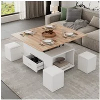 BlingBin Couchtisch Esstisch 4-in-1-Multifunktions-Wohnzimmertisch (Beweglicher, Höhenverstellbar, 1-St., mit 4 Hockern und Schublade), 100L x 50B x 45/60H cm, Weiß